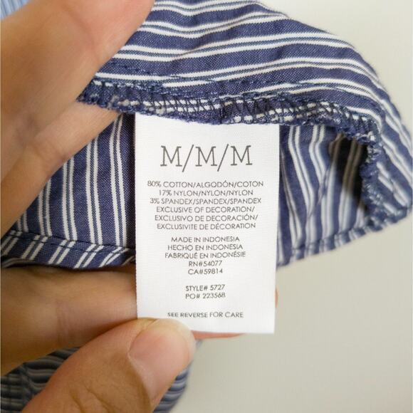 CAbi Blue and White Striped Blouse with Navy Lace Sleeves - Picture 4 of 4